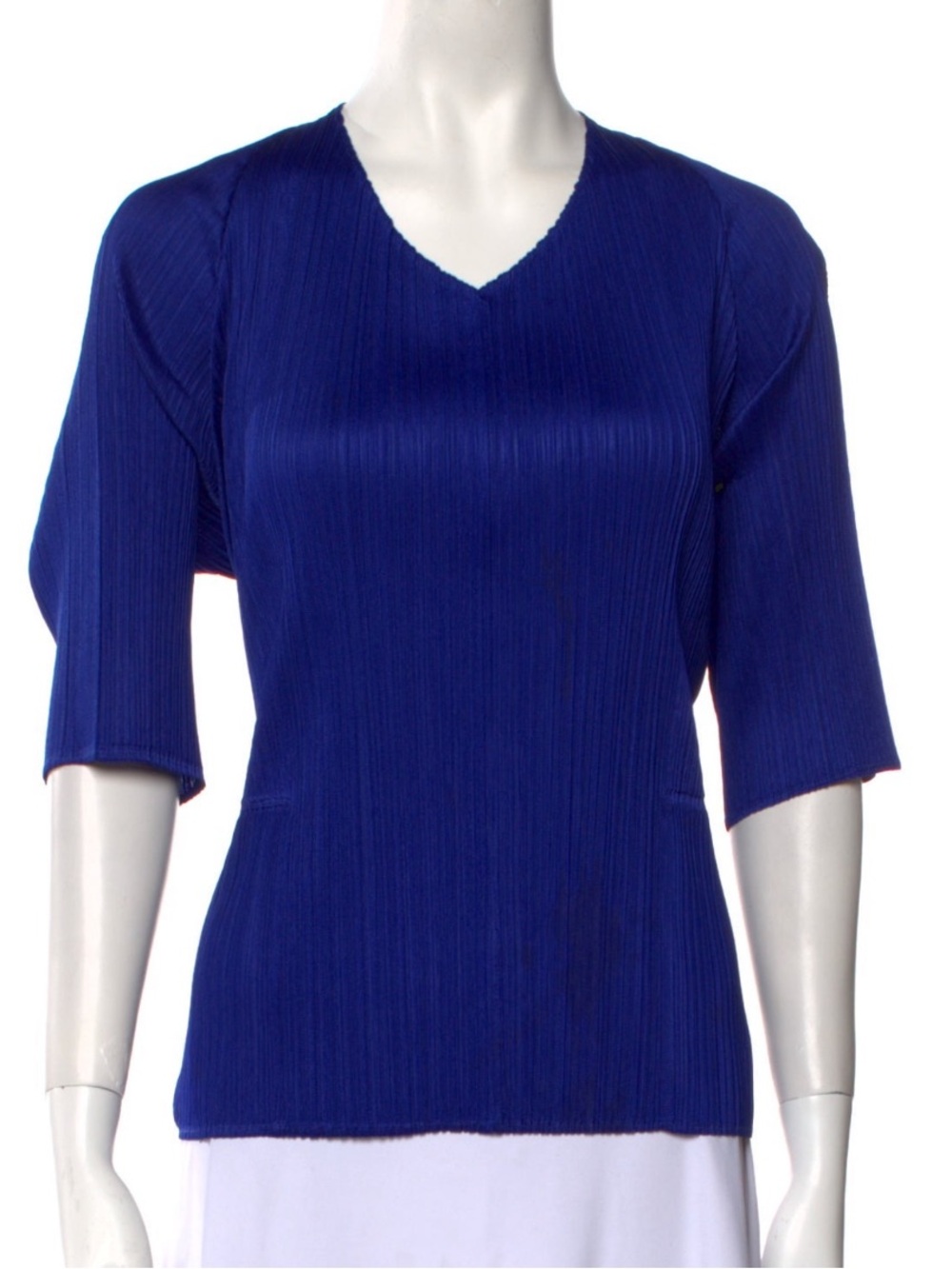 Issey Miyake Royal Blue V-Neck Short Sleeve Pleated Top